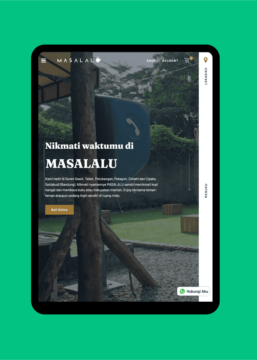 Masalalu Coffee responsive website shown on a tablet device, designed by SAB