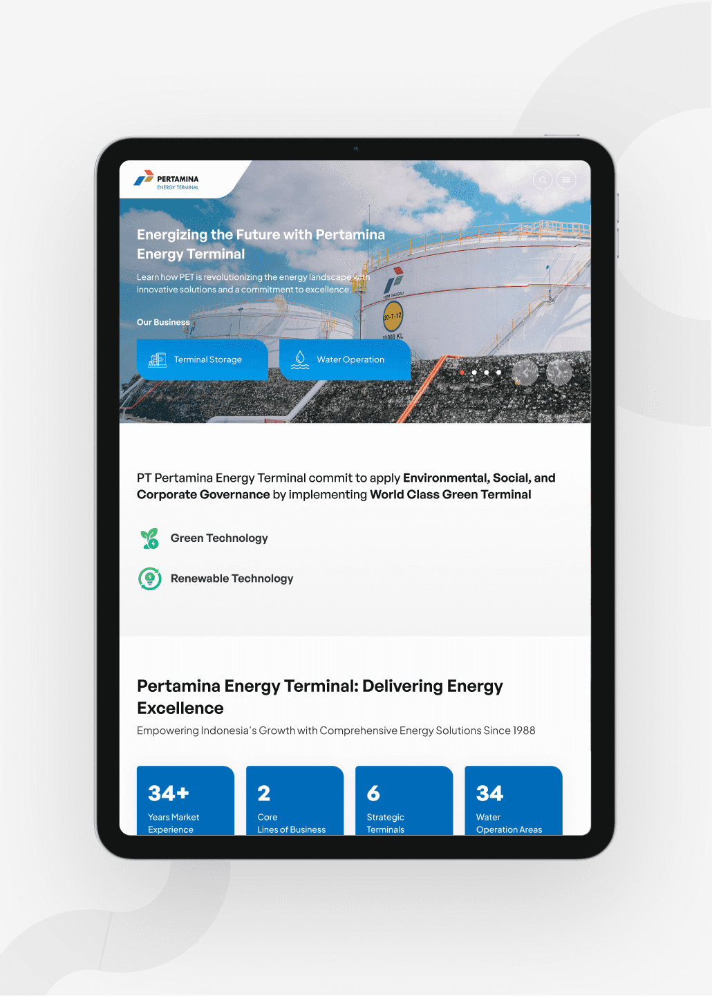 Pertamina Energy Terminal responsive website shown on a tablet, designed by SAB