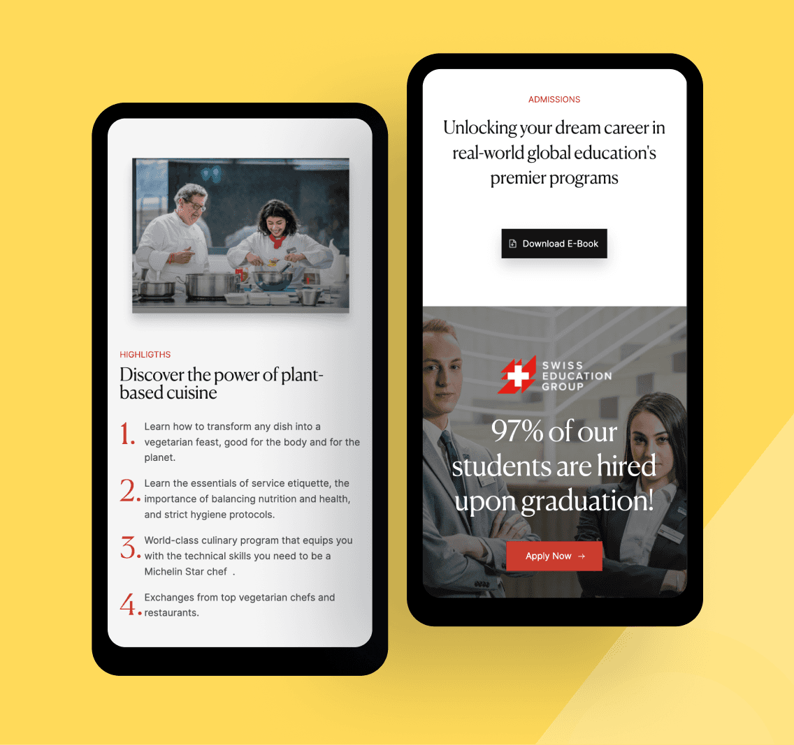Swiss Education Group landing page interface design details crafted by SAB