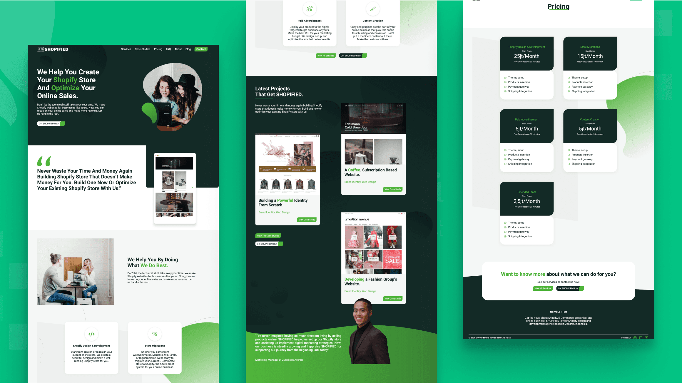 Shopified customer-centric website content and pricing layout crafted by SAB