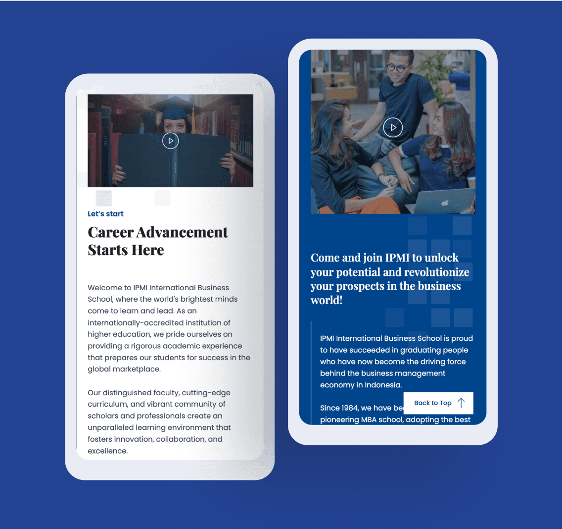 IPMI International Business School website design details and UI elements crafted by SAB