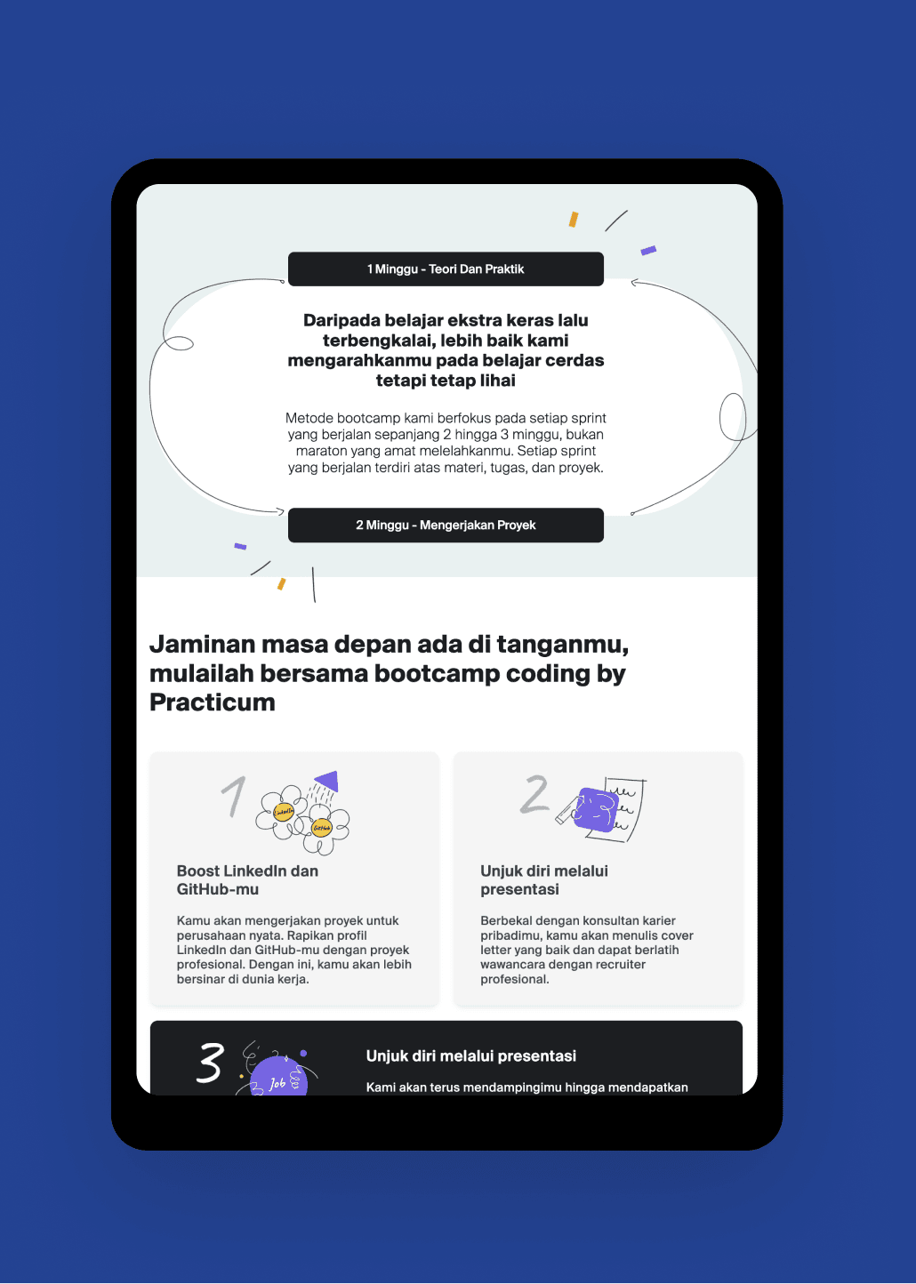 Practicum responsive landing page shown on a tablet device, designed by SAB