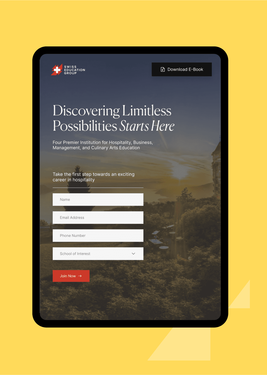 Swiss Education Group responsive landing page shown on a tablet device, designed by SAB