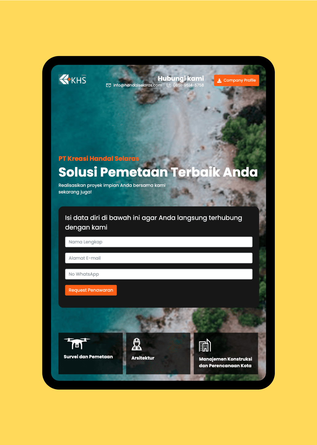 Kreasi Handal Selaras responsive website shown on a tablet device, designed by SAB
