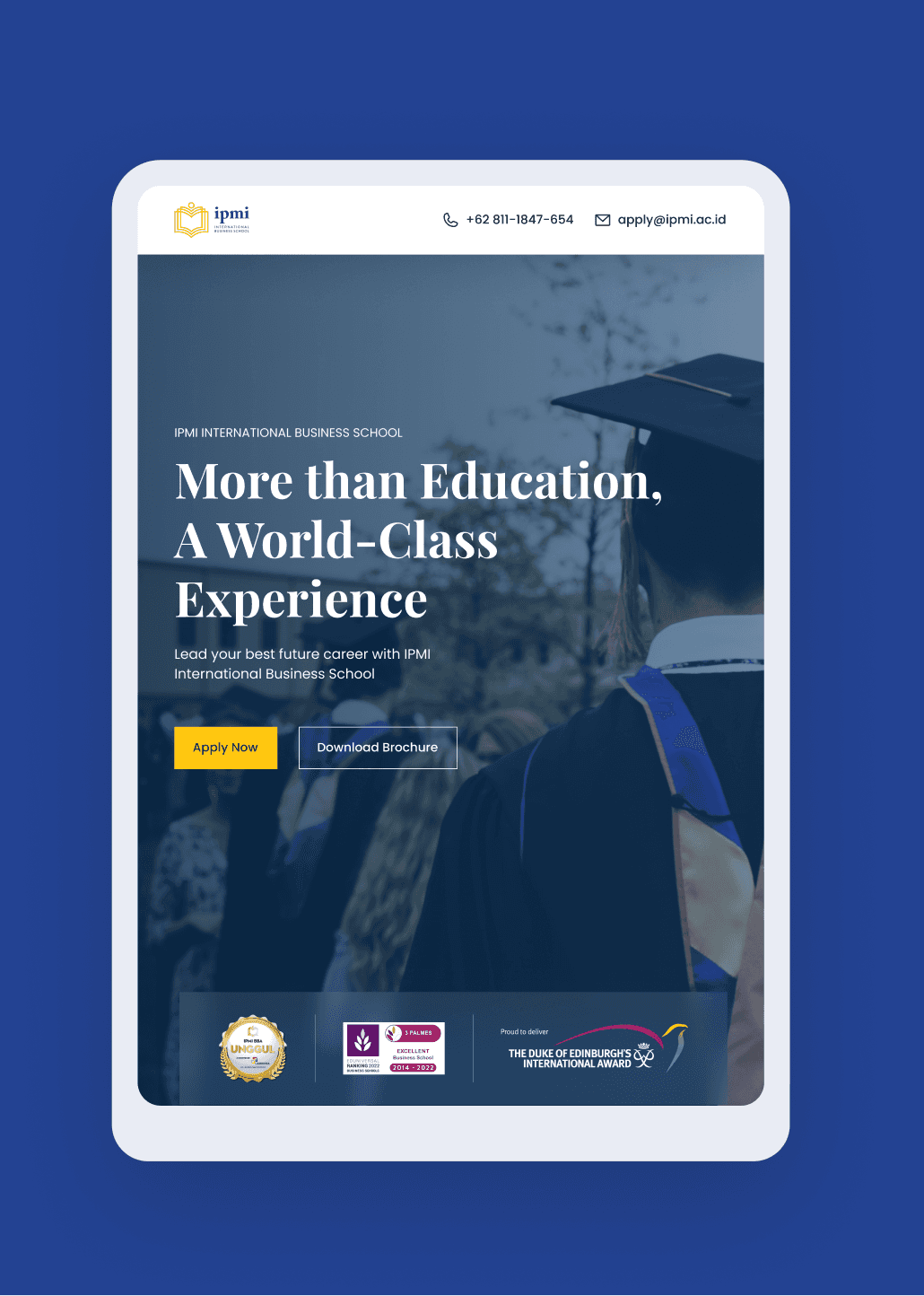 IPMI International Business School responsive website shown on a tablet device, designed by SAB