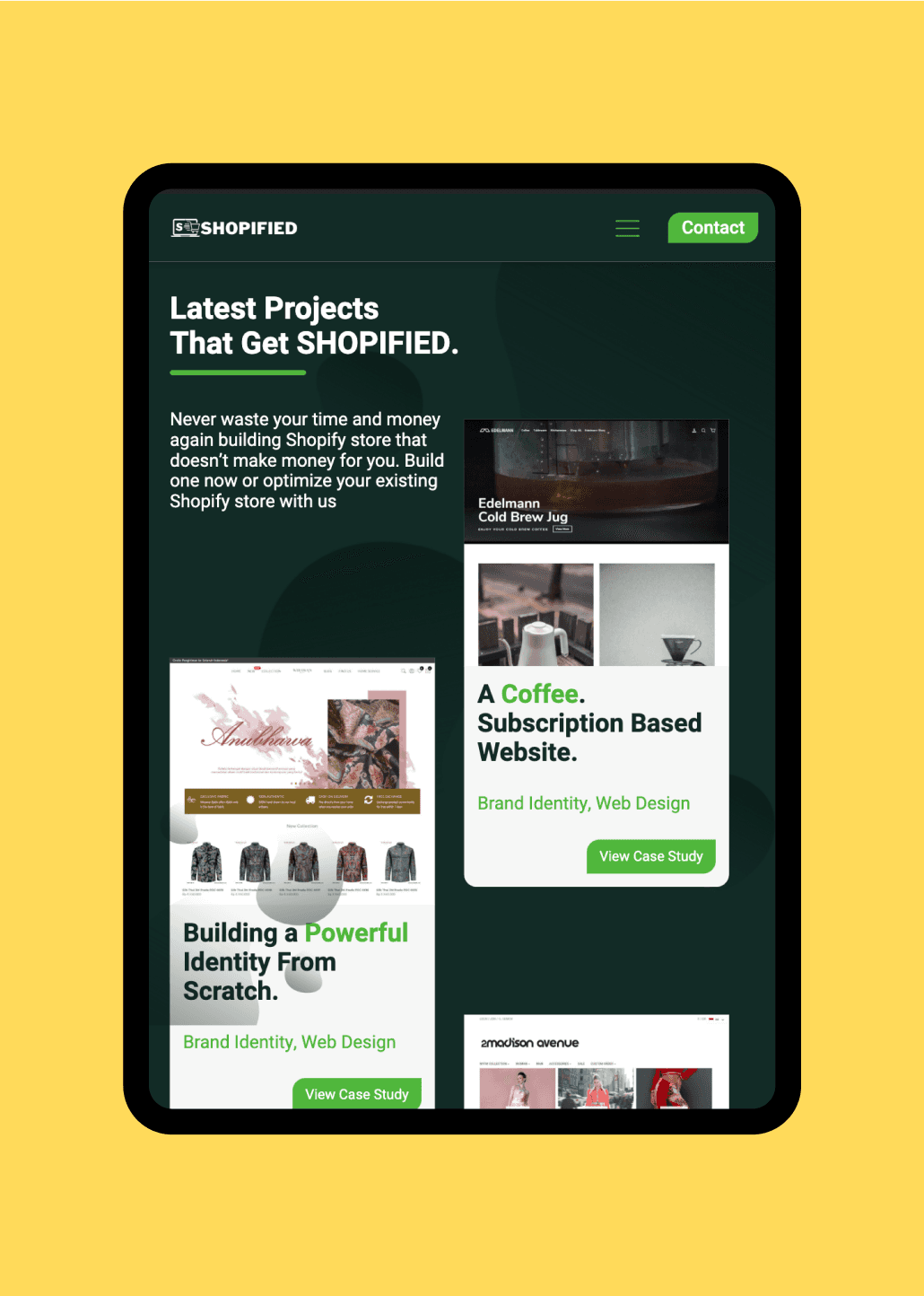 Shopified responsive e-commerce website shown on a tablet device, designed by SAB