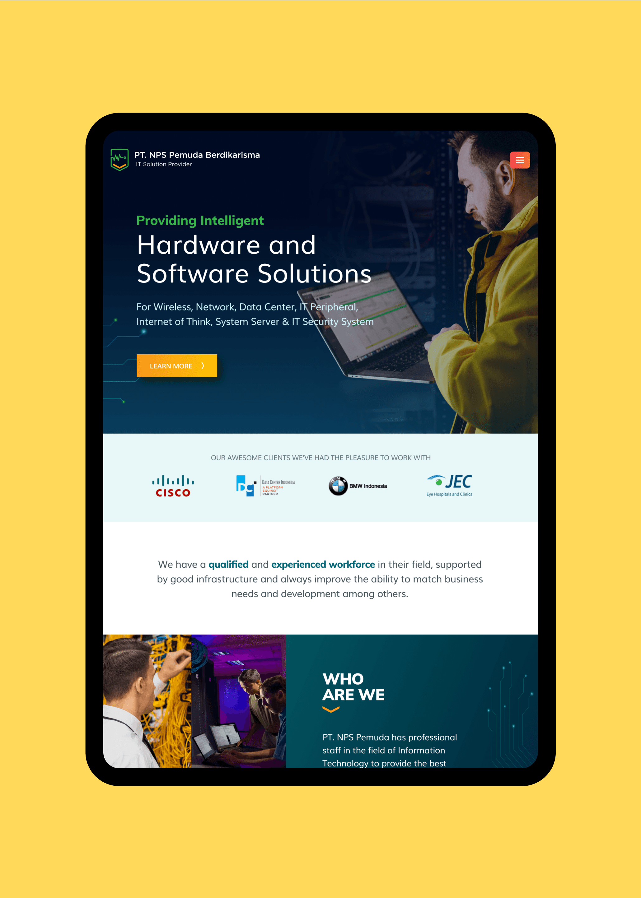 PT NPS Pemuda Berdikarisma responsive landing page shown on a tablet device, designed by SAB