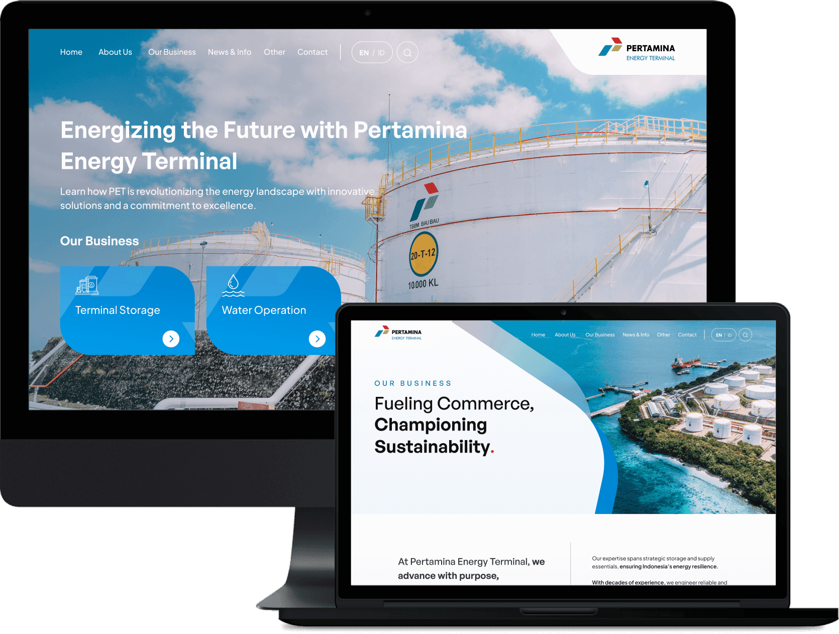 Pertamina Energy Terminal website shown across laptop and tablet, revamped by SAB Digital Marketing Agency