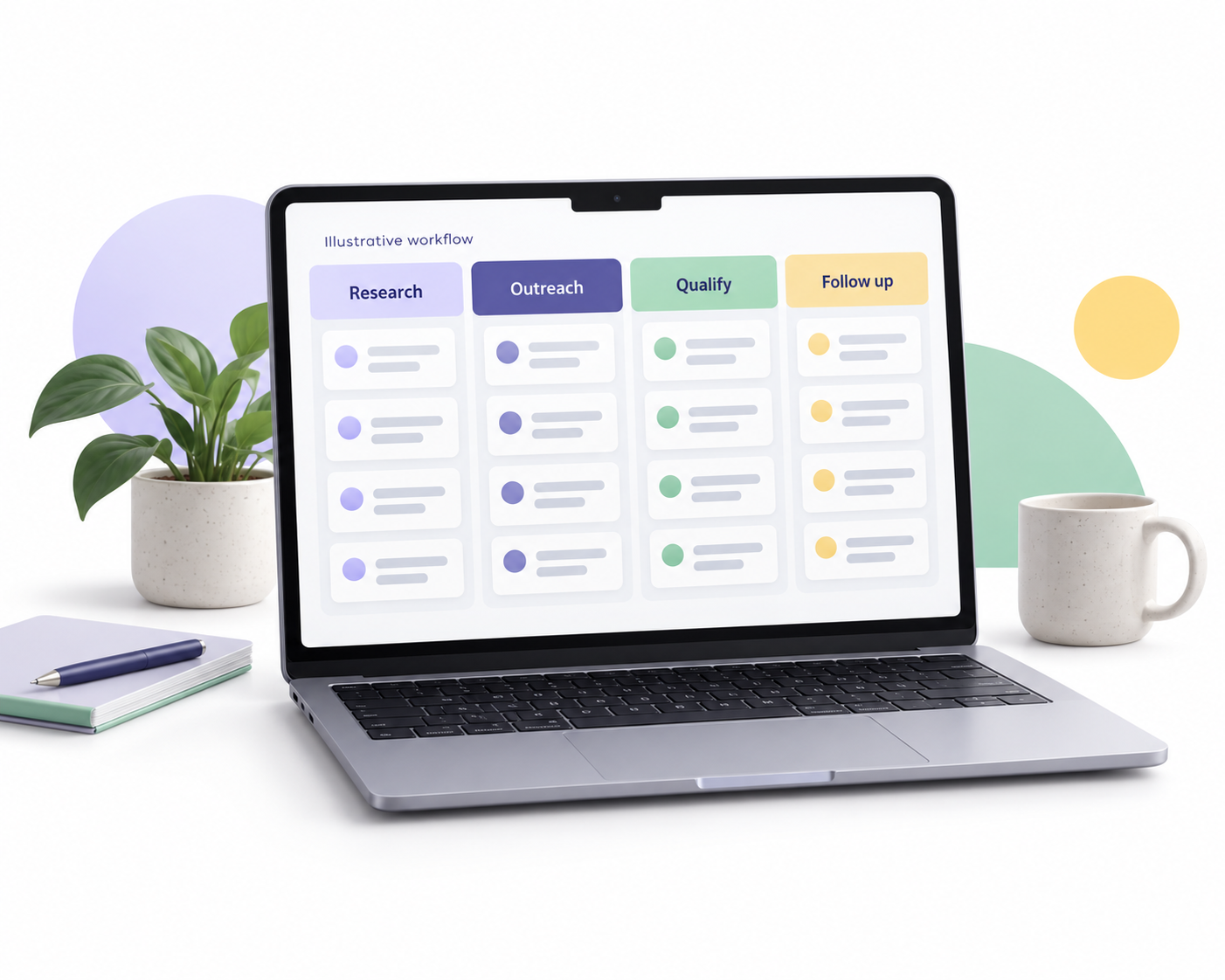Illustrated lead generation process connecting audience research, outreach, enquiries, and sales follow-up.