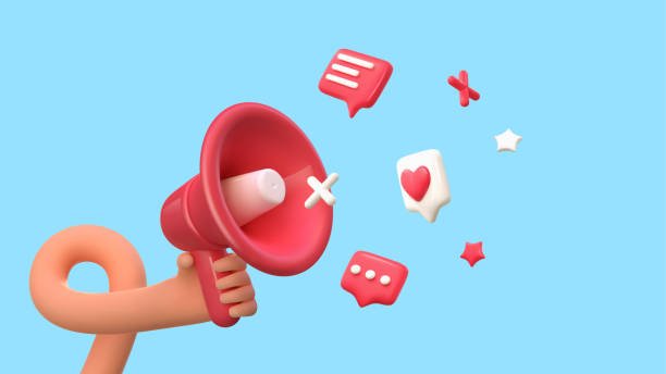 tangan kartun 3d memegang ilustrasi vektor pengeras suara. daya tarik pelanggan. pemasaran media sosial. - instagram marketing ilustrasi stok