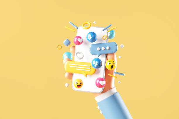 tangan wanita memegang ponsel kosong dengan cinta, seperti, komentar, tombol tagar dengan latar belakang kuning. konsep pemasaran media sosial, render 3d. - instagram marketing potret stok, foto, & gambar bebas royalti