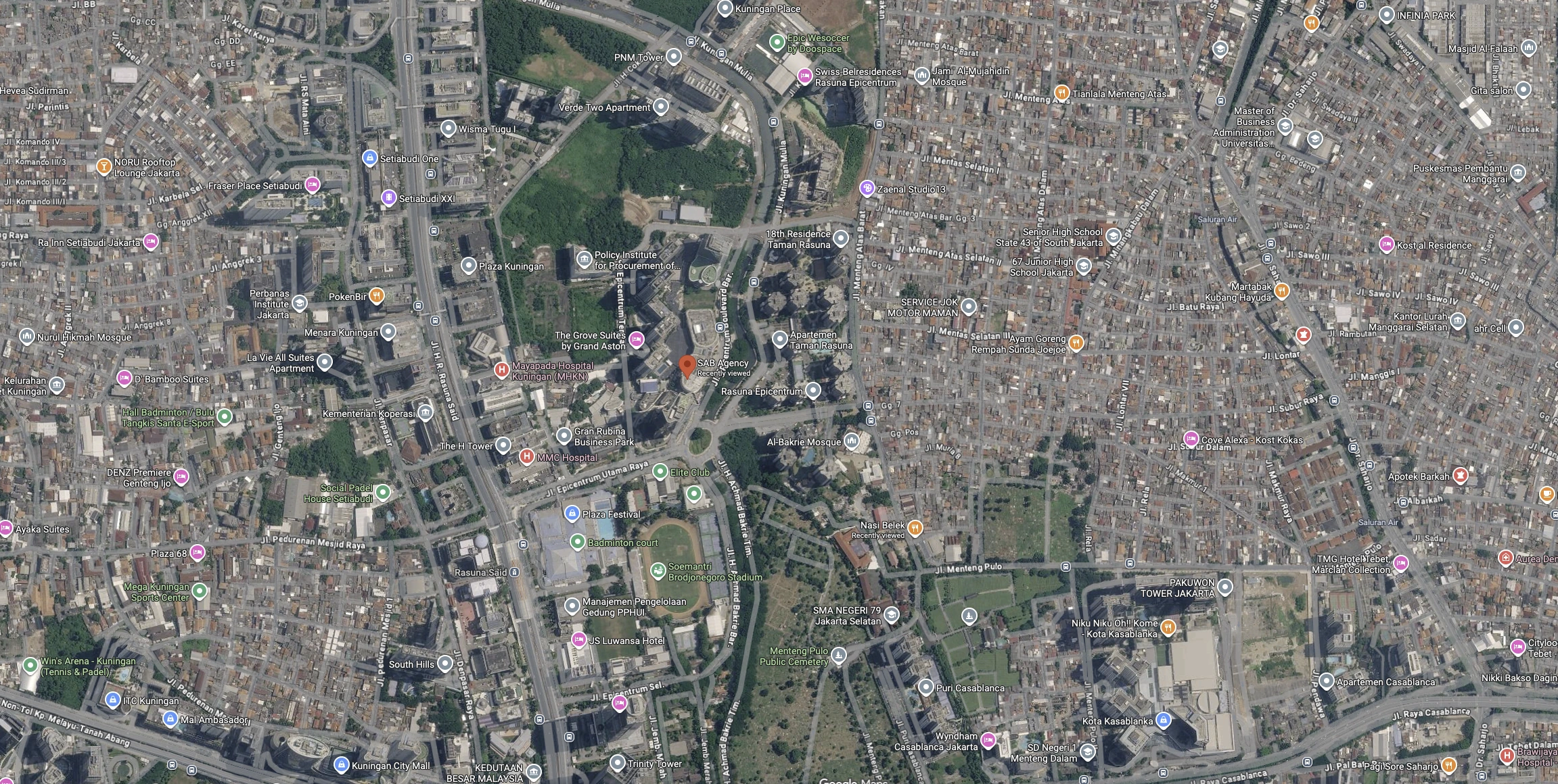 SAB Agency at Epiwalk Office Suites, Kuningan, Jakarta Selatan. Satellite map from Google Maps.