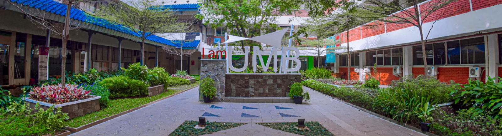 The I am UMB landmark in Universitas Mercu Buana’s landscaped campus courtyard