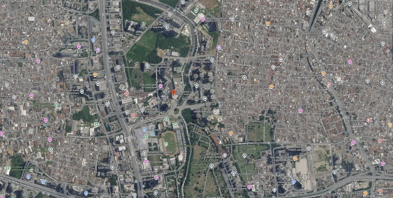 Kantor SAB di Epiwalk Office Suites, Kuningan, Jakarta Selatan. Peta satelit dari Google Maps.