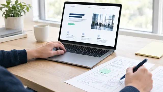 Illustrative photo: reviewing a website and wireframes
